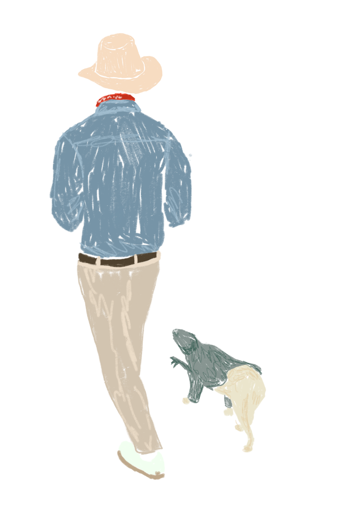 A drawing of a person dressed as Dr Alan Grant from Jurassic Park with their dog that is dressed as a velociraptor.